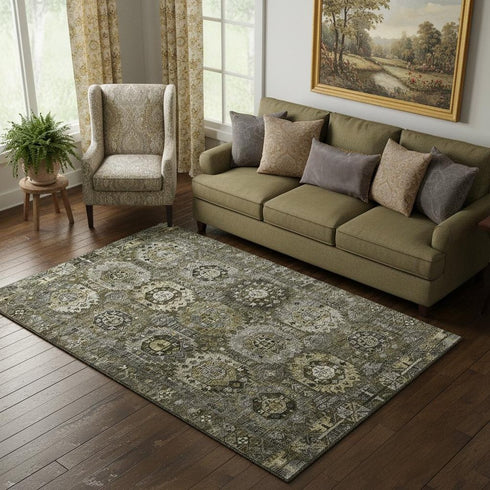 5' X 8' Coffee And Charcoal Medallion Washable Area Rug With UV Protection