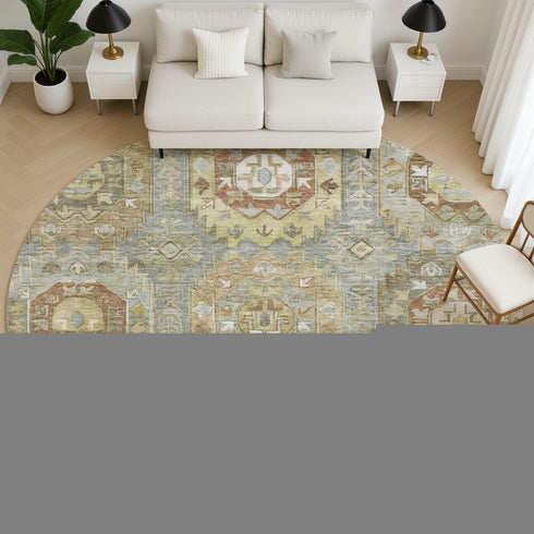 8' Sage And Beige Medallion Washable Round Rug With UV Protection