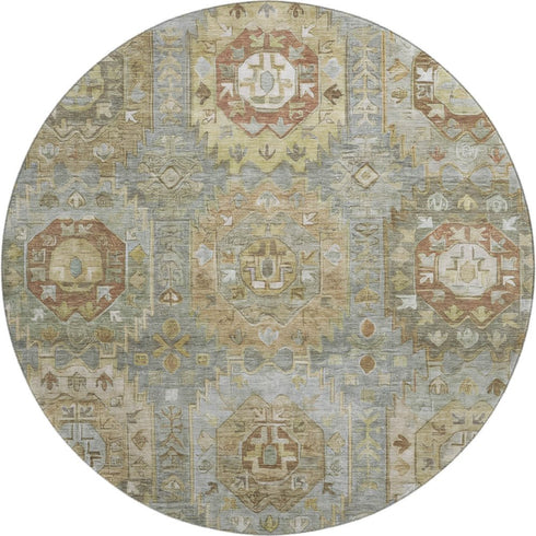 8' Sage And Beige Medallion Washable Round Rug With UV Protection
