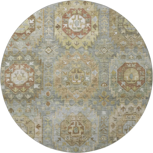 8' Sage And Beige Medallion Washable Round Rug With UV Protection
