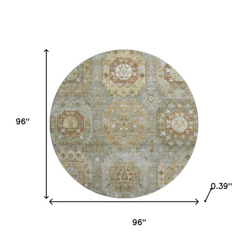 8' Sage And Beige Medallion Washable Round Rug With UV Protection