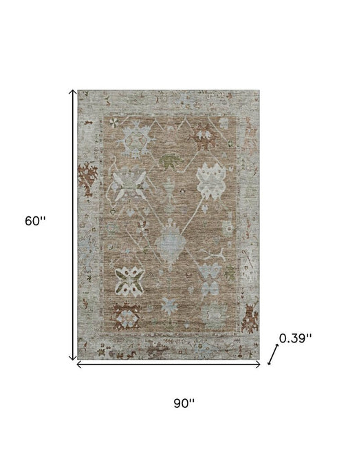5' X 8' Brown And Gray Oriental Washable Area Rug With UV Protection