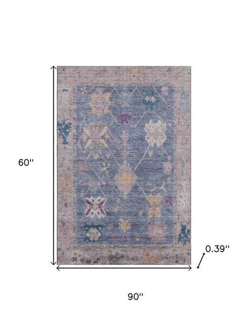 5' X 8' Blue And Purple Oriental Washable Area Rug With UV Protection
