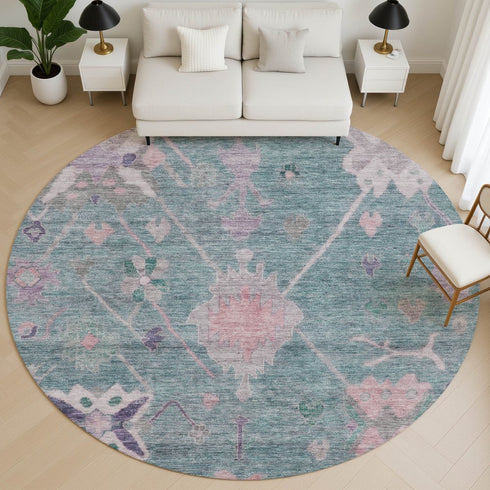 8' Green And Purple Oriental Washable Round Rug With UV Protection