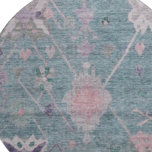 8' Green And Purple Oriental Washable Round Rug With UV Protection