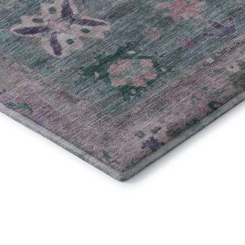 8' Green And Purple Oriental Washable Round Rug With UV Protection