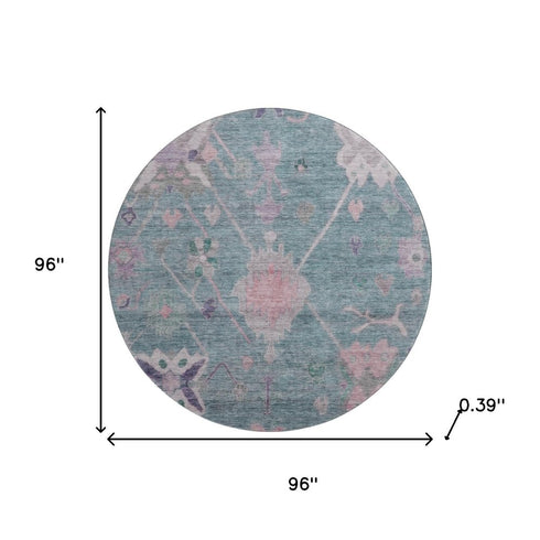 8' Green And Purple Oriental Washable Round Rug With UV Protection