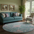 8' Green And Purple Oriental Washable Round Rug With UV Protection
