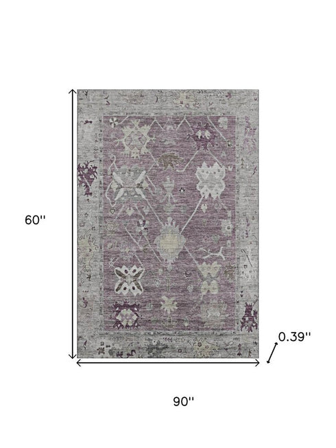 5' X 8' Merlot And Gray Oriental Washable Area Rug With UV Protection