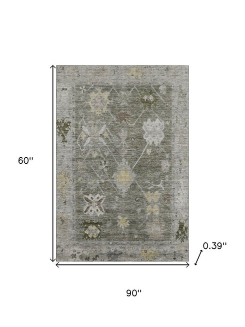5' X 8' Pewter And Gray Oriental Washable Area Rug With UV Protection