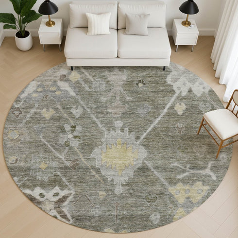 8' Pewter And Gray Oriental Washable Round Rug With UV Protection