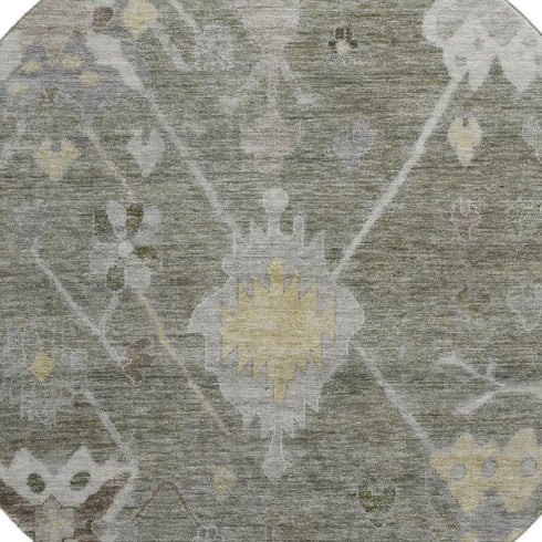 8' Pewter And Gray Oriental Washable Round Rug With UV Protection