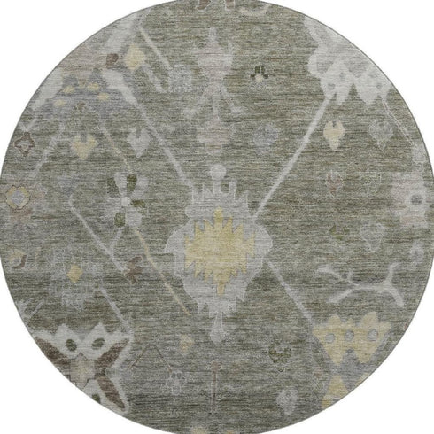 8' Pewter And Gray Oriental Washable Round Rug With UV Protection