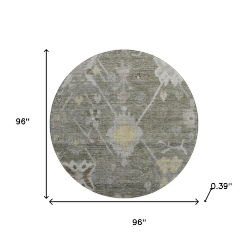 8' Pewter And Gray Oriental Washable Round Rug With UV Protection