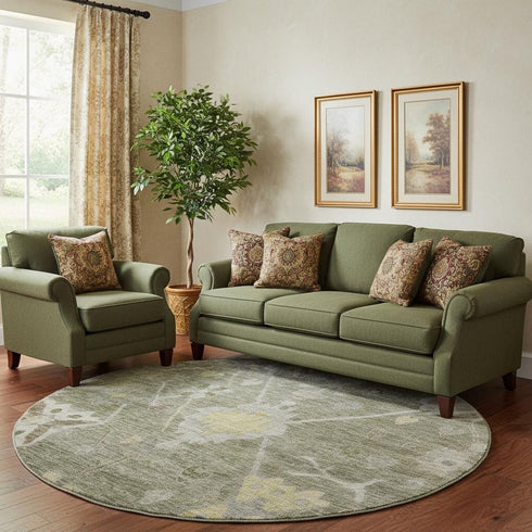 8' Pewter And Gray Oriental Washable Round Rug With UV Protection