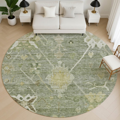 8' Sage And Beige Oriental Washable Round Rug With UV Protection