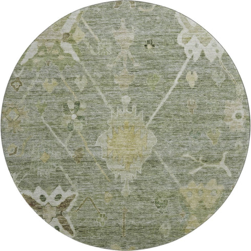 8' Sage And Beige Oriental Washable Round Rug With UV Protection