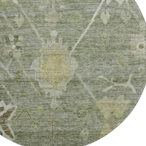 8' Sage And Beige Oriental Washable Round Rug With UV Protection