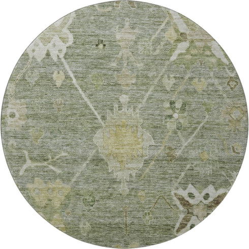 8' Sage And Beige Oriental Washable Round Rug With UV Protection
