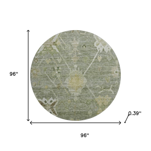 8' Sage And Beige Oriental Washable Round Rug With UV Protection