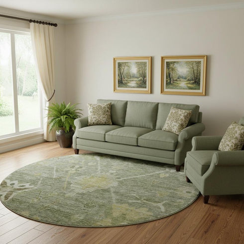 8' Sage And Beige Oriental Washable Round Rug With UV Protection
