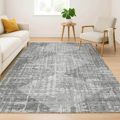 8' X 10' Gray And Silver Geometric Washable Area Rug With UV Protection