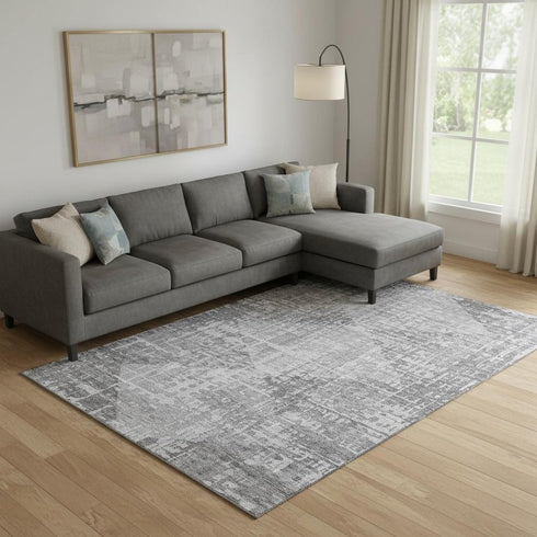 8' X 10' Gray And Silver Geometric Washable Area Rug With UV Protection