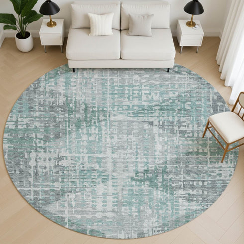 8' Teal And Gray Geometric Washable Round Rug With UV Protection
