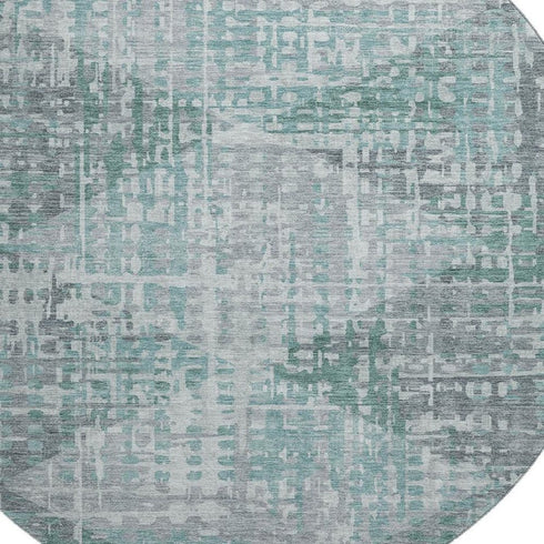 8' Teal And Gray Geometric Washable Round Rug With UV Protection