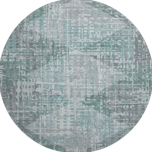 8' Teal And Gray Geometric Washable Round Rug With UV Protection