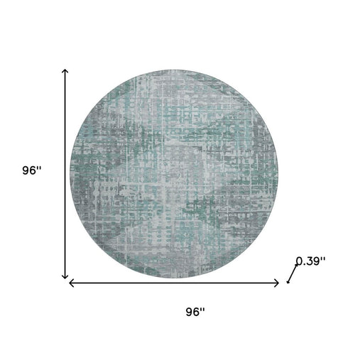 8' Teal And Gray Geometric Washable Round Rug With UV Protection
