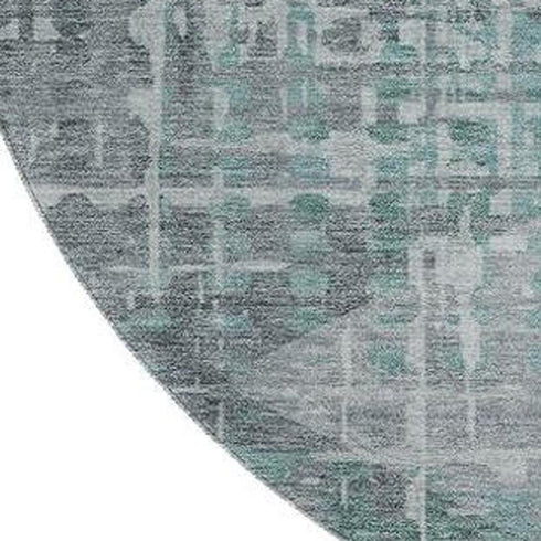 8' Teal And Gray Geometric Washable Round Rug With UV Protection