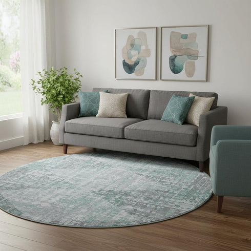 8' Teal And Gray Geometric Washable Round Rug With UV Protection
