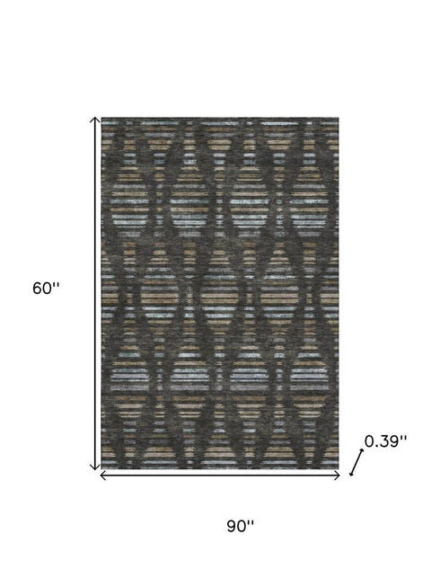 5' X 8' Coffee And Gray Striped Washable Area Rug With UV Protection