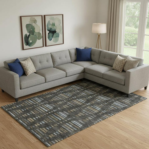 8' X 10' Coffee And Gray Striped Washable Area Rug With UV Protection