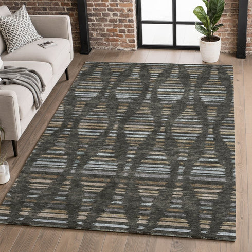 9' X 12' Coffee And Gray Striped Washable Area Rug With UV Protection