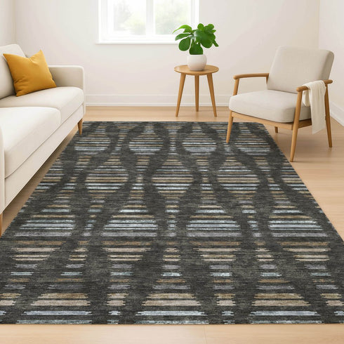 9' X 12' Coffee And Gray Striped Washable Area Rug With UV Protection
