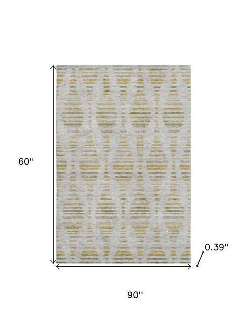 5' X 8' Ivory And Gold Striped Washable Area Rug With UV Protection
