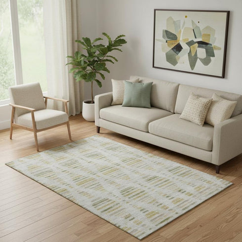5' X 8' Ivory And Gold Striped Washable Area Rug With UV Protection