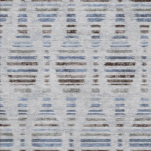 5' X 8' Light Taupe And Blue Striped Washable Area Rug With UV Protection