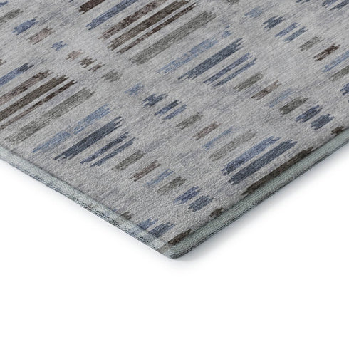 5' X 8' Light Taupe And Blue Striped Washable Area Rug With UV Protection