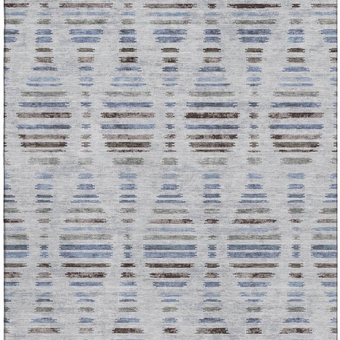 5' X 8' Light Taupe And Blue Striped Washable Area Rug With UV Protection