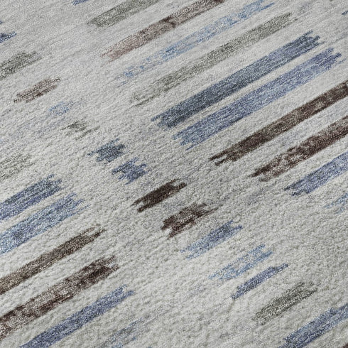 5' X 8' Light Taupe And Blue Striped Washable Area Rug With UV Protection