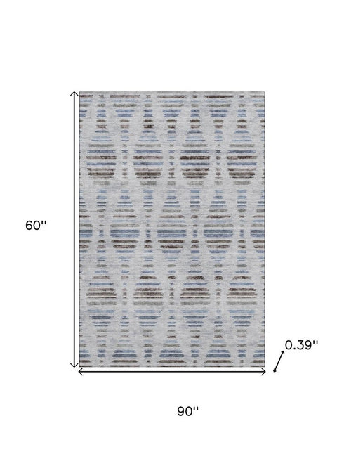 5' X 8' Light Taupe And Blue Striped Washable Area Rug With UV Protection