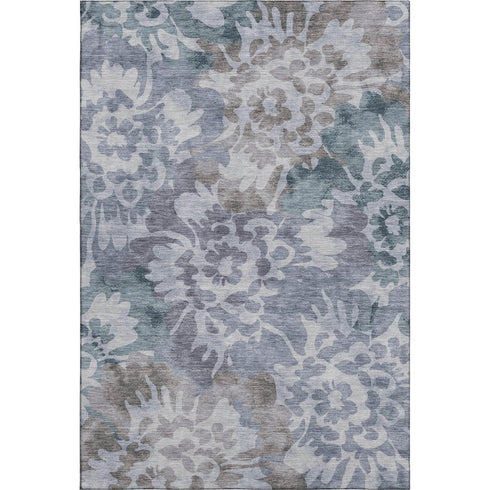 5' X 8' Blue And Silver Floral Washable Area Rug With UV Protection