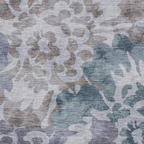 5' X 8' Blue And Silver Floral Washable Area Rug With UV Protection