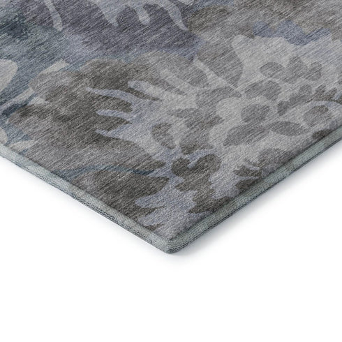 5' X 8' Blue And Silver Floral Washable Area Rug With UV Protection