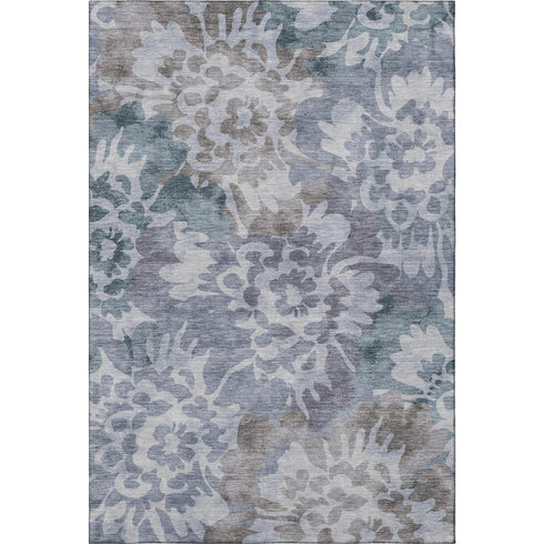 5' X 8' Blue And Silver Floral Washable Area Rug With UV Protection