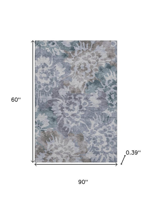 5' X 8' Blue And Silver Floral Washable Area Rug With UV Protection