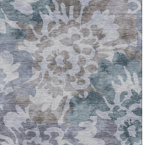 8' X 10' Blue And Silver Floral Washable Area Rug With UV Protection